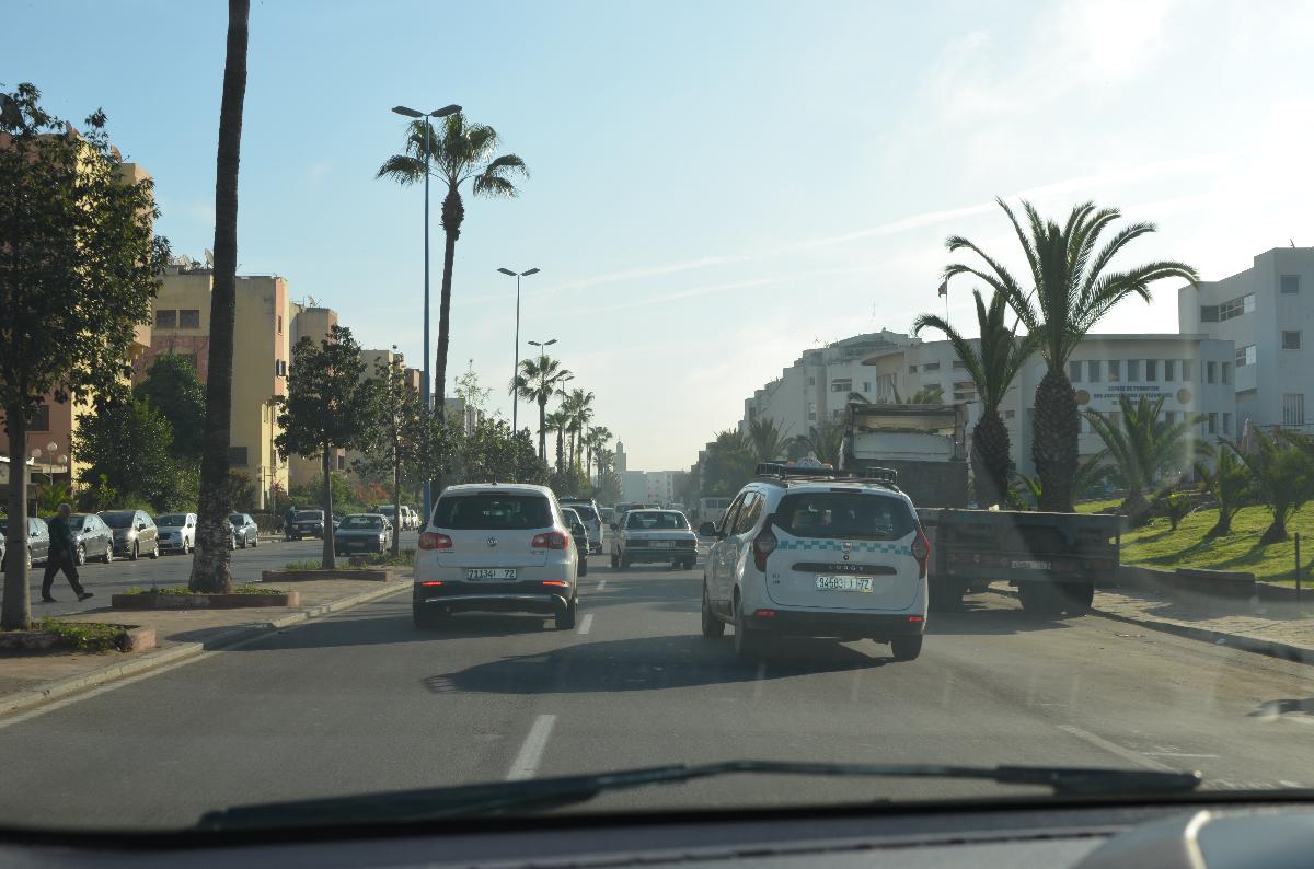 Es ist hier eine dreispurige Straße zu sehen, umgeben von Palmen. Auf der Straße befinden sich normal viele Autos, direkt vor der Fotografin ein weißes Großraumtaxi.